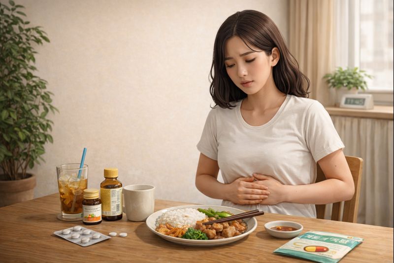 소화불량으로 고통받는 여성이 소화제를 두고 고민하는 모습