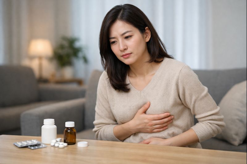 위산 과다로 명치 불편을 느끼는 위장 상태를 표현한 이미지