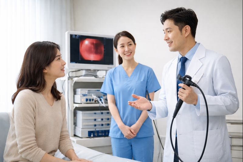 위내시경 검사를 앞두고 의료진 설명을 듣는 위장 검사 장면