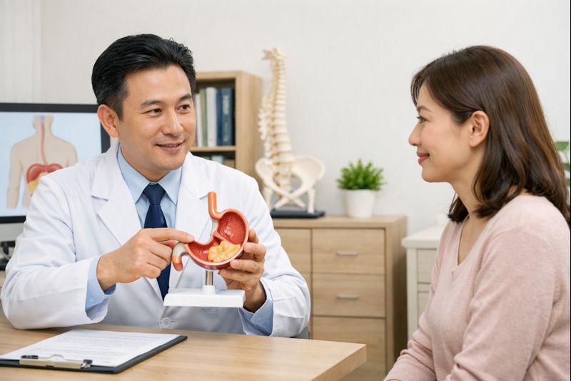 과식과 위하수증의 관계를 설명하는 위장 건강 상담 장면