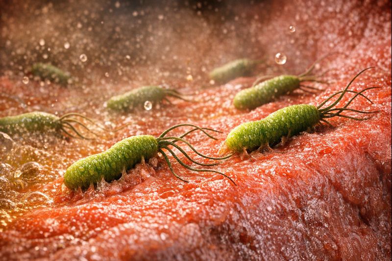 강산성 위 환경에서 생존하는 헬리코박터균이 위점막에 부착해 염증을 유발하는 모습