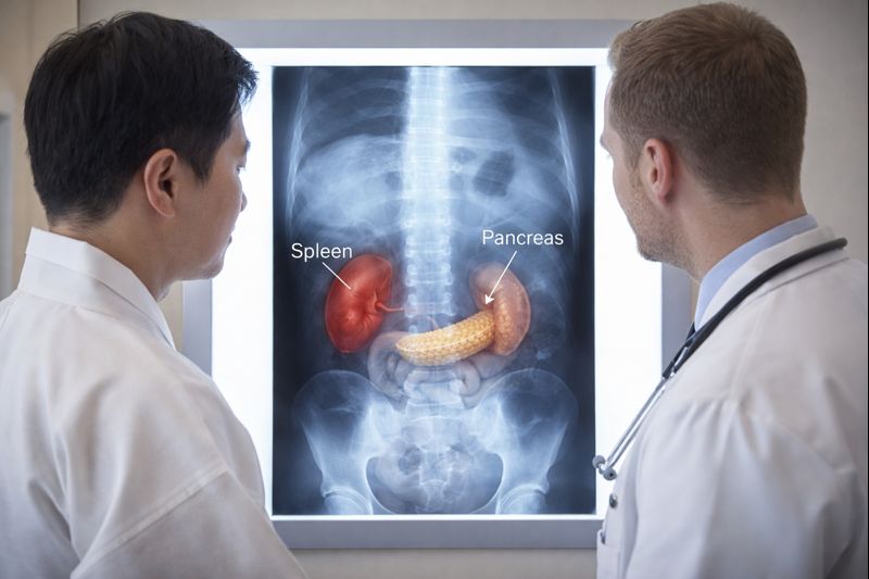 한의사와 청진기를 가진 서양의사가 비장과 췌장을 직은 엑스레이를 같이 바라보는 모습