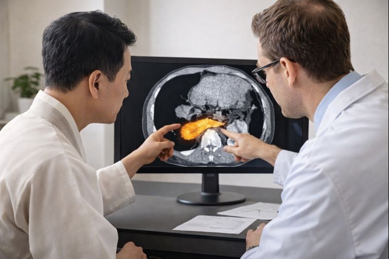 췌장염을 설명하기 위해 한의사와 서양의사가 췌장 영상 자료를 함께 보는 의료 상담 장면