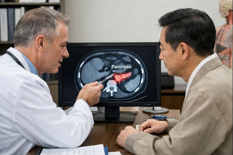 서양의사와 한의사가 췌장암의 위치가 표시된 CT/X-ray를 함께 바라보는 장면