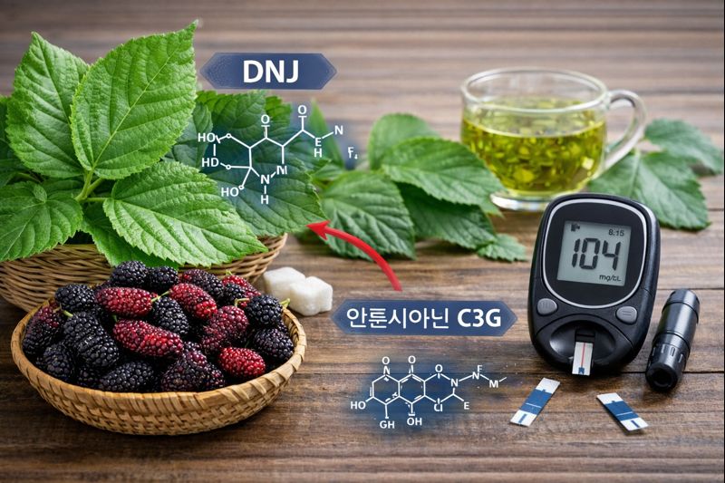 뽕나무는 잎과 열매가 서로 다른 성분 구성을 갖고 있어서 함께 복용하고 혈당을 재어 수치를 확인한 모습