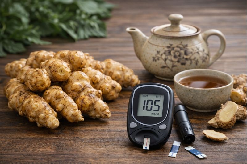 돼지감자는 ‘감자’라는 이름과 달리 국화과에 속하며, 혈당의 흐름과 관계가 있는 모습을 나타난 이미지