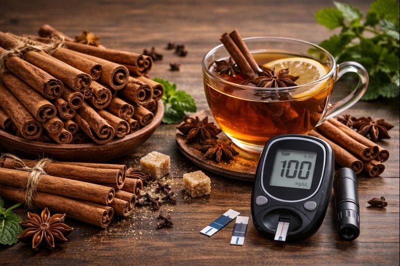 계피 스틱과 따뜻한 계피차가 나무 테이블 위에 놓여 있고, 옆에는 혈당 측정기가 함께 배치된 모습으로 계피와 혈당 관리의 연관성을 시각적으로 표현한 이미지