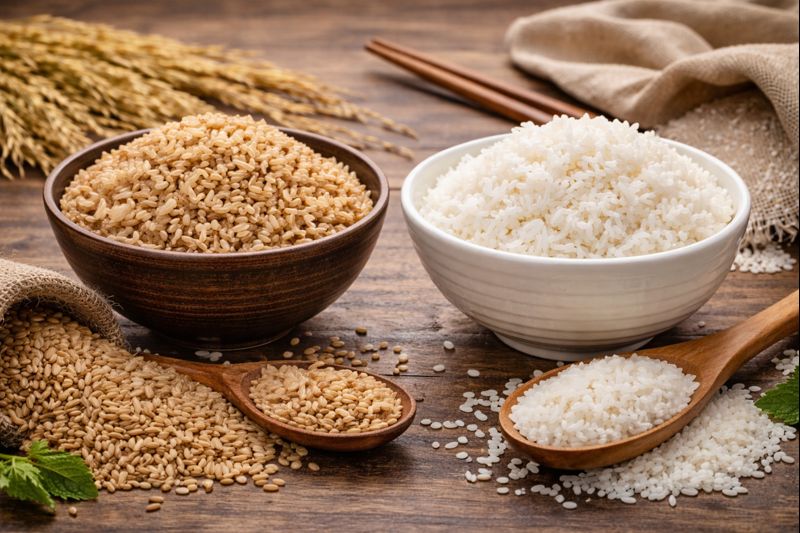현미밥과 백미밥이 각각 그릇에 담겨 나무 테이블 위에 놓여 있고, 주변에 생쌀과 볏짚이 함께 배치된 모습으로 현미와 백미의 차이를 비교해 보여주는 이미지