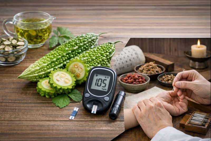 여주를 이용한 췌장의 건강과 당뇨병 치료를 하는 재료를 모아 둔 이미지와 혈당을 측정하는 모습