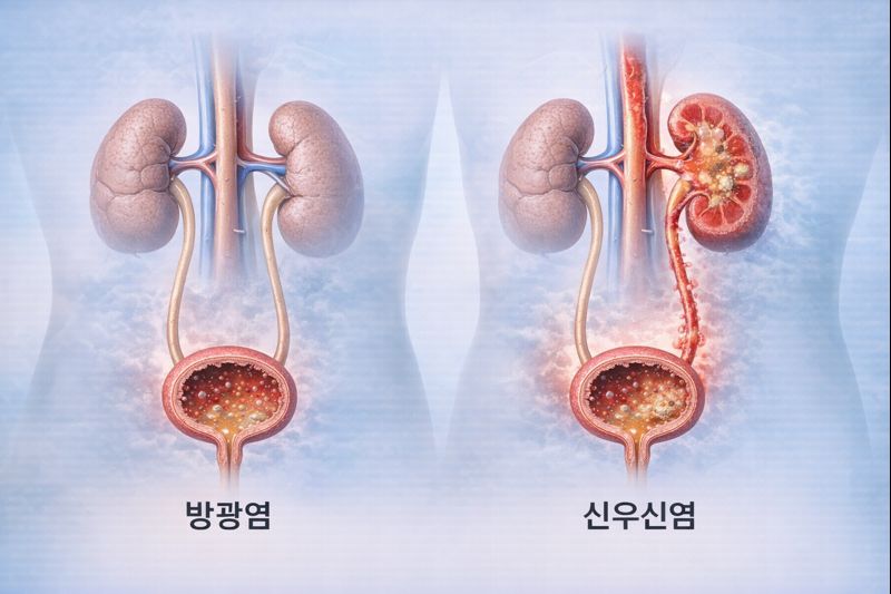 신우신염과 방광염의 차이를 요로 구조와 염증 위치로 비교해 보여주는 이미지