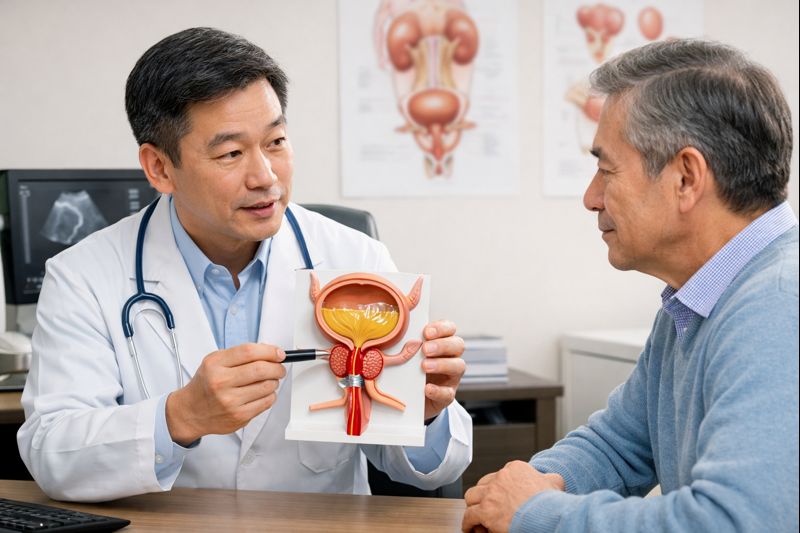 소변 안나옴과 요폐의 원인을 설명하는 의료 상담 장면