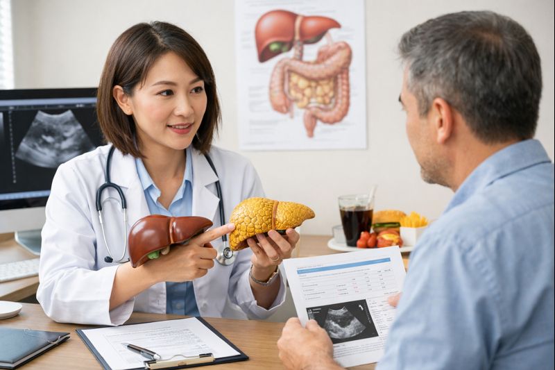 술과 무관하게 발생하는 지방간의 원인을 설명하는 의료 상담 장면