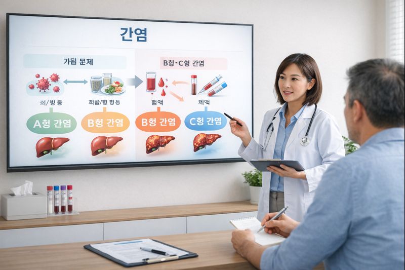 환자에게 간염에 대해 설명하는 의사