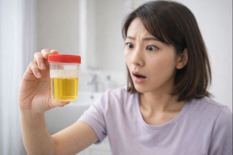 단백뇨를 보고 놀라 걱정하는 여성의 이미지