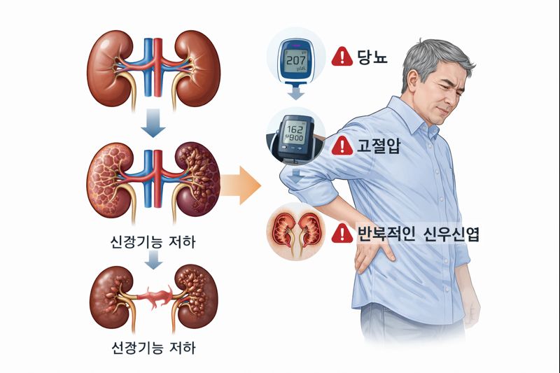 신장 질환이 발생하기 전에 시작되는 여러 질병들을 나타내는 이미지