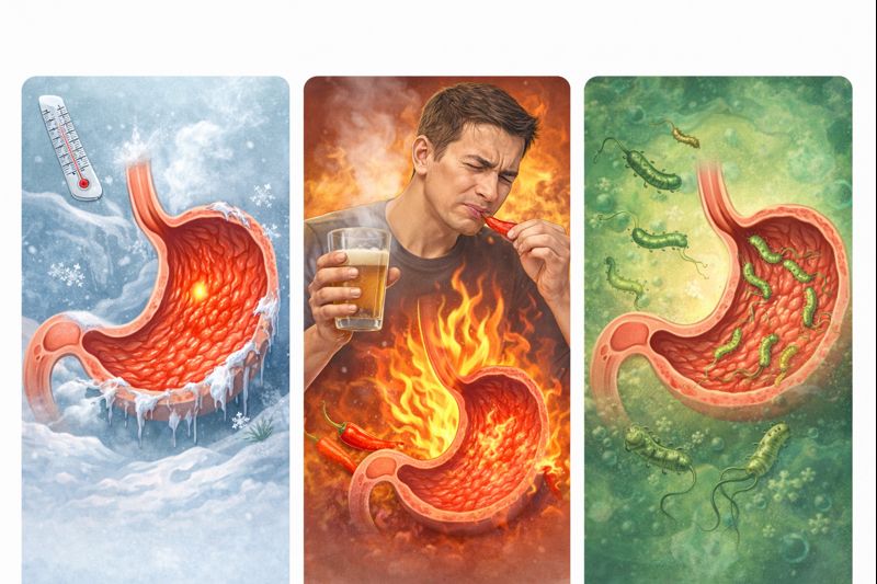 위염으로 인해 발생하는 속쓰림의 여러 원인들을 나타낸 이미지