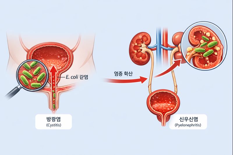 요로감염이 방광염·신우신염으로 어떻게 이어지는지 그 감염 경로를 나타낸 이미지