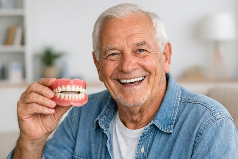 틀니가 필요한 노인이 맘에 드는 틀니를 들고 즐거워 하는 모습