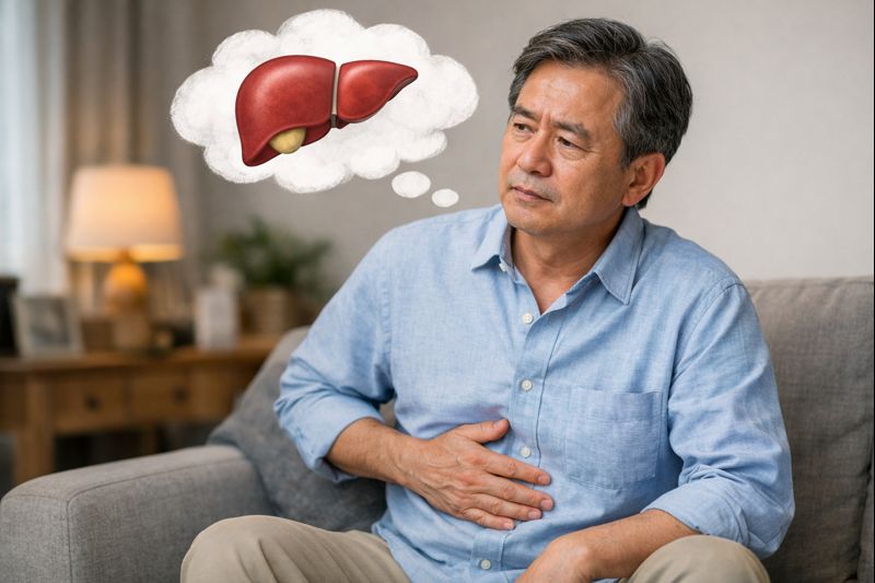 간 부위 에서 느껴지는고통으로 간경화를 걱정하는 모습의 중년 남성