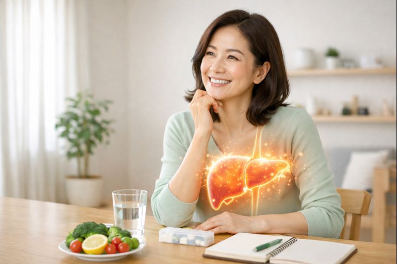 간청소에 대해 고민하며 간 건강 관리 방법을 생각하는 성인의 모습