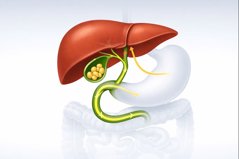 담석이 담낭 내부에 형성되어 담즙 흐름을 방해하는 과정을 간과 담관 구조를 통해 시각적으로 보여주는 해부학적 인포그래픽 이미지