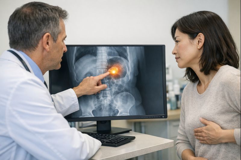 엑스레이 검사 결과를 보며 담낭염 소견을 설명하는 의료 상담 장면