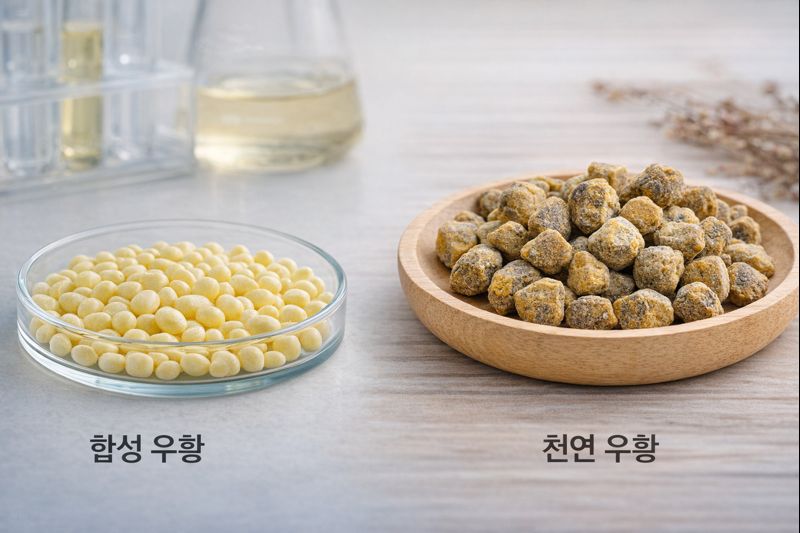 우황의 여러 종류 중에 합성우황과 천영우황의 모습을 비교한 이미지