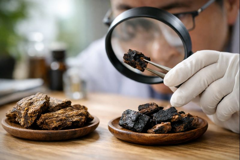 침향 천연과 인공 유도 샘플을 전문가가 비교 관찰하는 실사 이미지
