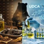 웅담의 약리 작용을 상징하는 곰 실루엣과 전통 약재, 담즙 성분을 현대적으로 해석한 이미지