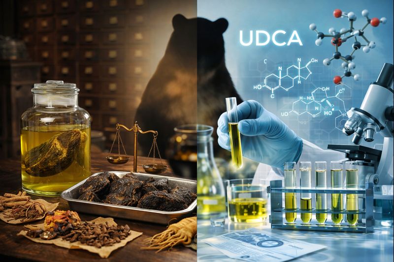 웅담의 약리 작용을 상징하는 곰 실루엣과 전통 약재, 담즙 성분을 현대적으로 해석한 이미지