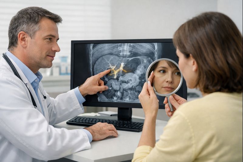 황달 증상과 담 질환을 검사 결과로 설명하는 의료 상담 장면