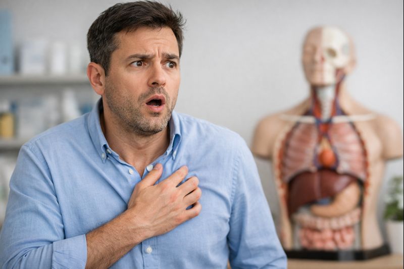 딸꾹질이 발생하는 순간을 횡격막과 신경 반사 관점에서 표현한 실사 이미지