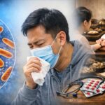 폐결핵 균과 기침 증상, 항결핵 치료와 한의학적 진단을 함께 보여주는 이미지