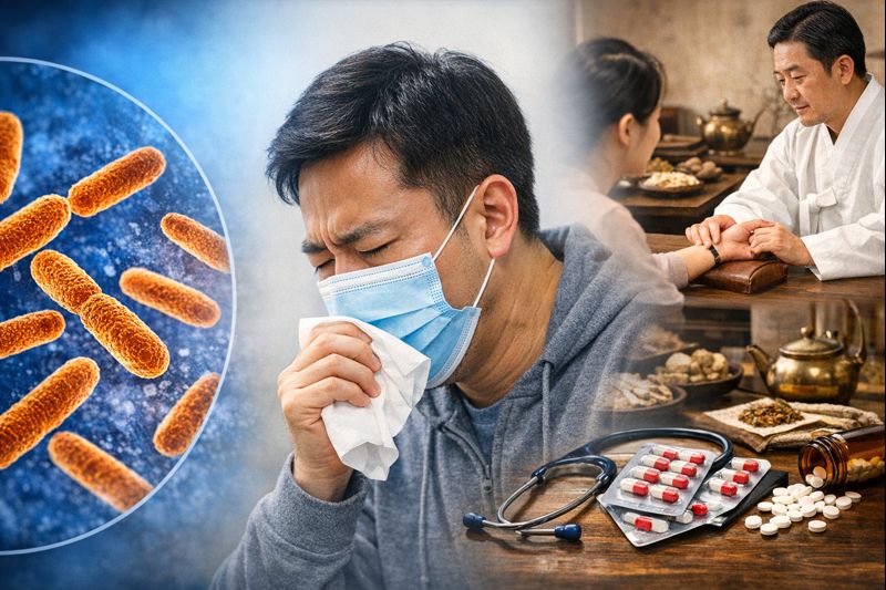폐결핵 균과 기침 증상, 항결핵 치료와 한의학적 진단을 함께 보여주는 이미지
