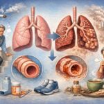 COPD 만성폐쇄성폐질환으로 숨이 차는 증상과 폐 구조 변화를 설명하는 이미지
