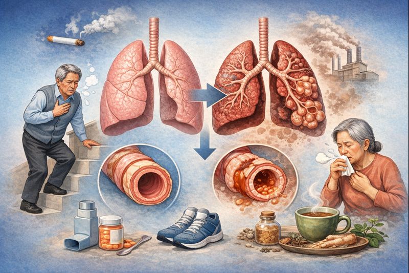 COPD 만성폐쇄성폐질환으로 숨이 차는 증상과 폐 구조 변화를 설명하는 이미지