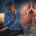 천식으로 밤에 숨이 차고 쌕쌕거리는 호흡 곤란을 겪는 성인의 모습