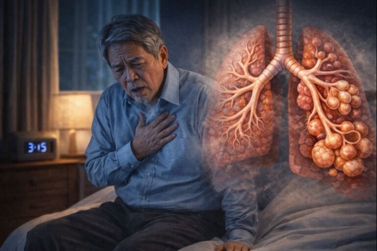 천식으로 밤에 숨이 차고 쌕쌕거리는 호흡 곤란을 겪는 성인의 모습