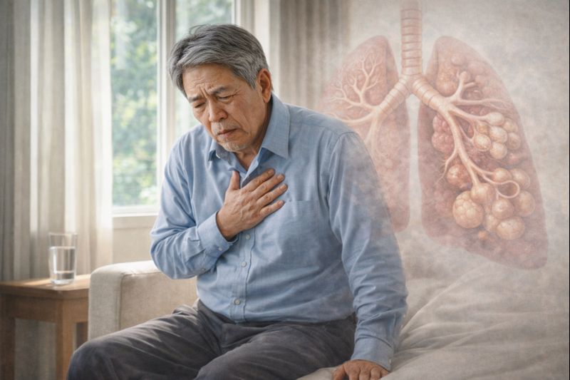 폐렴으로 인해 기침과 호흡 불편을 느끼며 숨을 고르는 중장년 남성의 모습