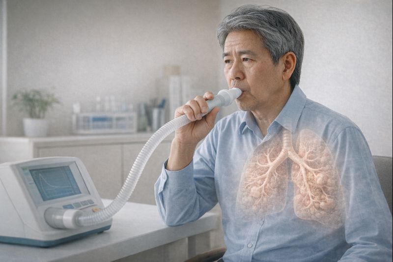 폐기능검사를 통해 폐의 호흡 능력을 측정하는 중장년 성인의 모습