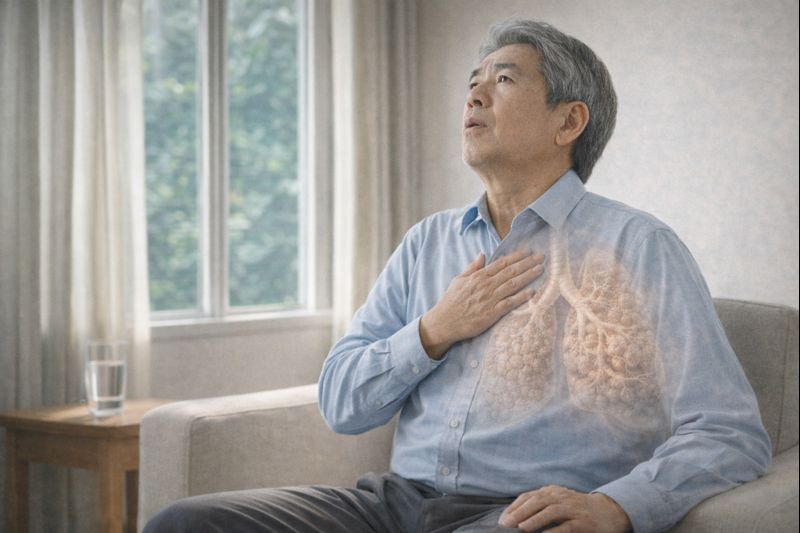 폐섬유화로 인해 폐가 굳어 호흡이 어려운 상태를 나타낸 중장년 인물의 모습