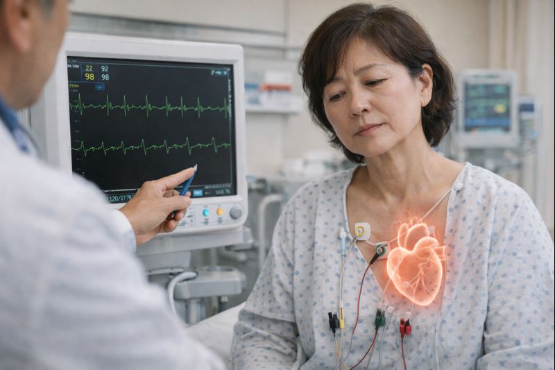 부정맥으로 인해 심장 박동의 변화를 느끼는 중장년 인물과 가슴 부위에 강조된 심장 실루엣