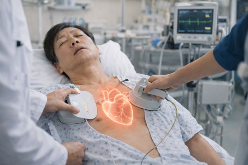 심장정지 상황에서 AED를 이용해 심장 제세동술을 시행하는 의료진과 환자 모습