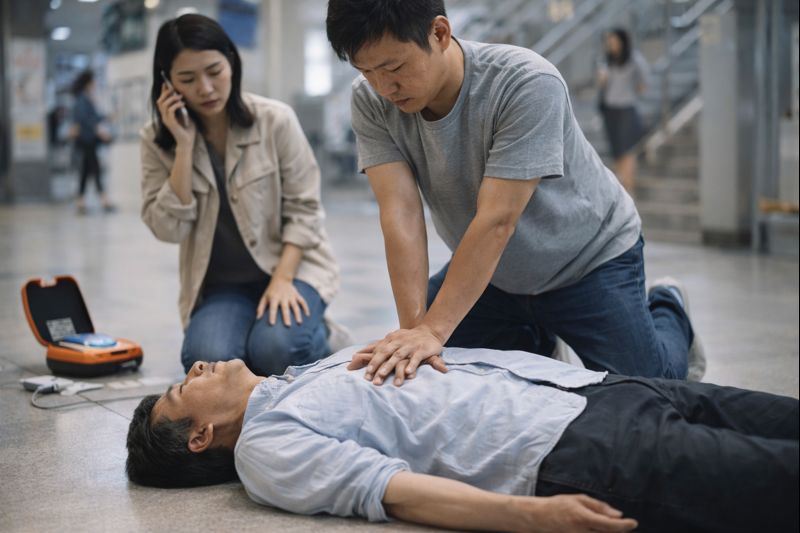 심장정지 상황에서 일반인이 심폐소생술로 가슴 압박을 시행하는 장면