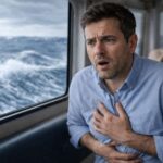 멀미로 인해 어지럼과 메스꺼움이 나타나는 순간을 전정기관과 자율신경 관점에서 표현한 실사 이미지