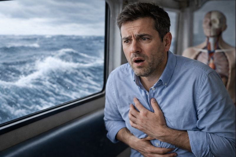 멀미로 인해 어지럼과 메스꺼움이 나타나는 순간을 전정기관과 자율신경 관점에서 표현한 실사 이미지