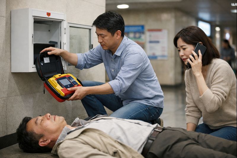 심장정지 상황에서 일반인이 자동심장충격기(AED)를 준비해 사용하는 모습