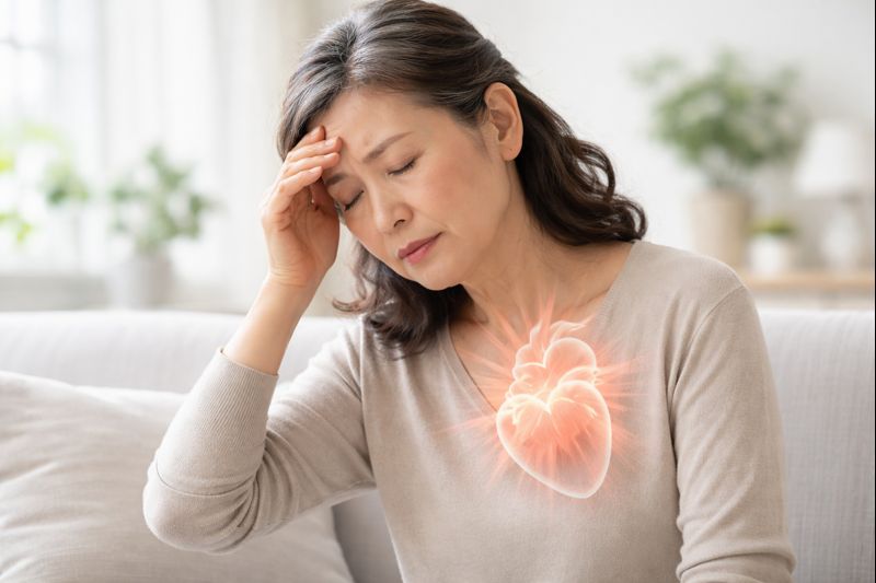 어지럼을 느끼고 실신을 자주하는 중년 인물과 심장 순환 이상을 암시하는 실루엣 이미지