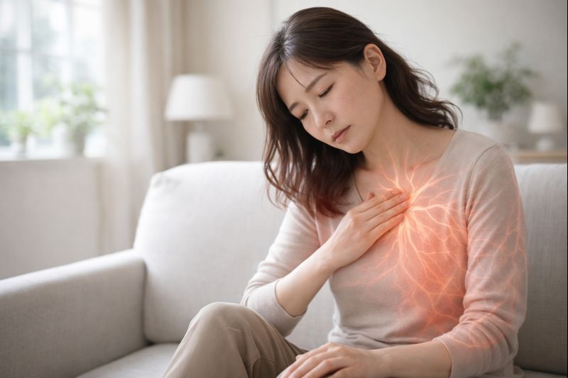 빈혈로 인해 가슴 쪽에 힘이 빠진 듯한 느낌을 받으며 어지럼을 느끼는 여성의 모습과 혈액 순환 저하를 은은하게 표현한 이미지