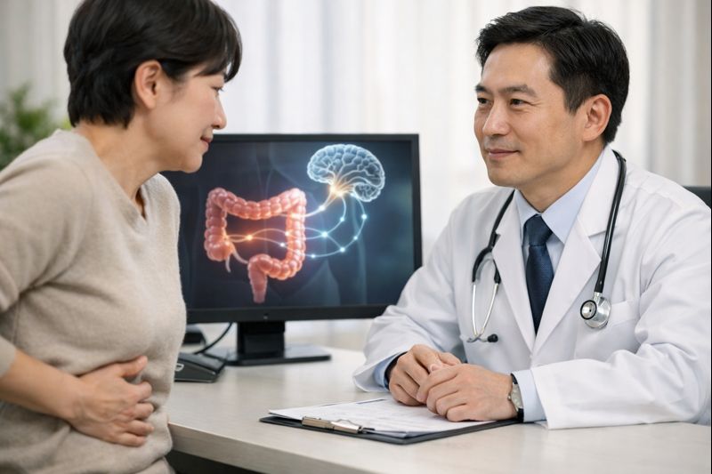 과민성 대장 증후군으로 복부 불편감을 호소하며 진료실에서 의사 상담을 받는 환자 모습